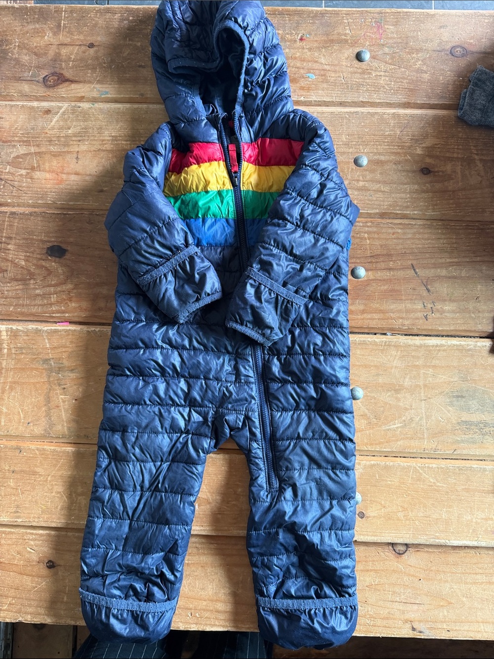 Primary Navy Puffer One-Piece with Rainbow Stripes